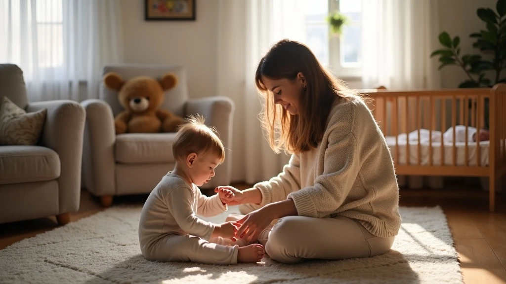 Elsőszülött játszik, anya figyel Otthoni káosz, szeretet