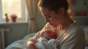 Kimerült anya hajnali ölelésben