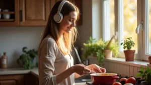 Anya fülhallgatóban főz
