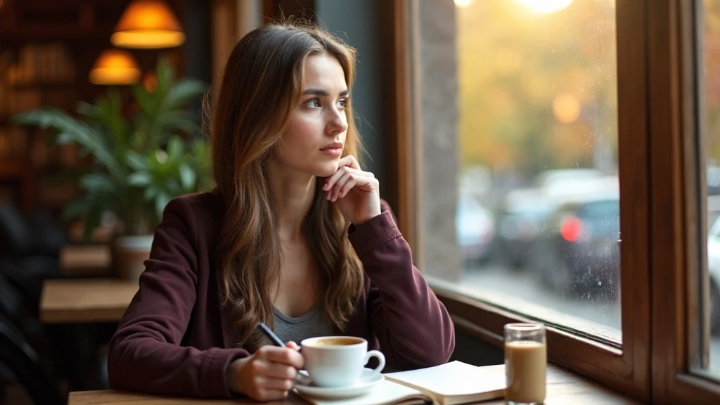 Elmélkedő nő kávézóban